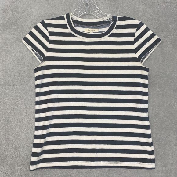 Madewell Shirt Womens 2XS Blue White Velour Tee Crew Stripe Nautical Casual - Picture 1 of 9